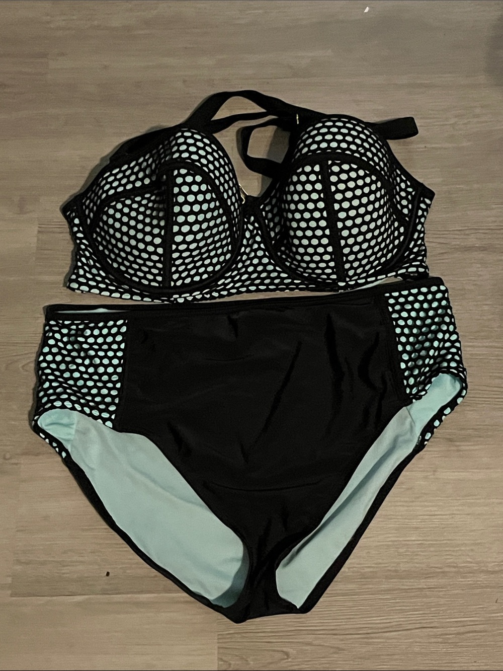 Black and Mint Polka Dot High-Waist Bikini Set